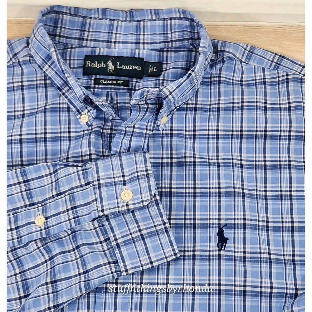 Ralph Lauren Shirt Mens Large Classic Fit Button Down Blue Plaid Long Sleeve